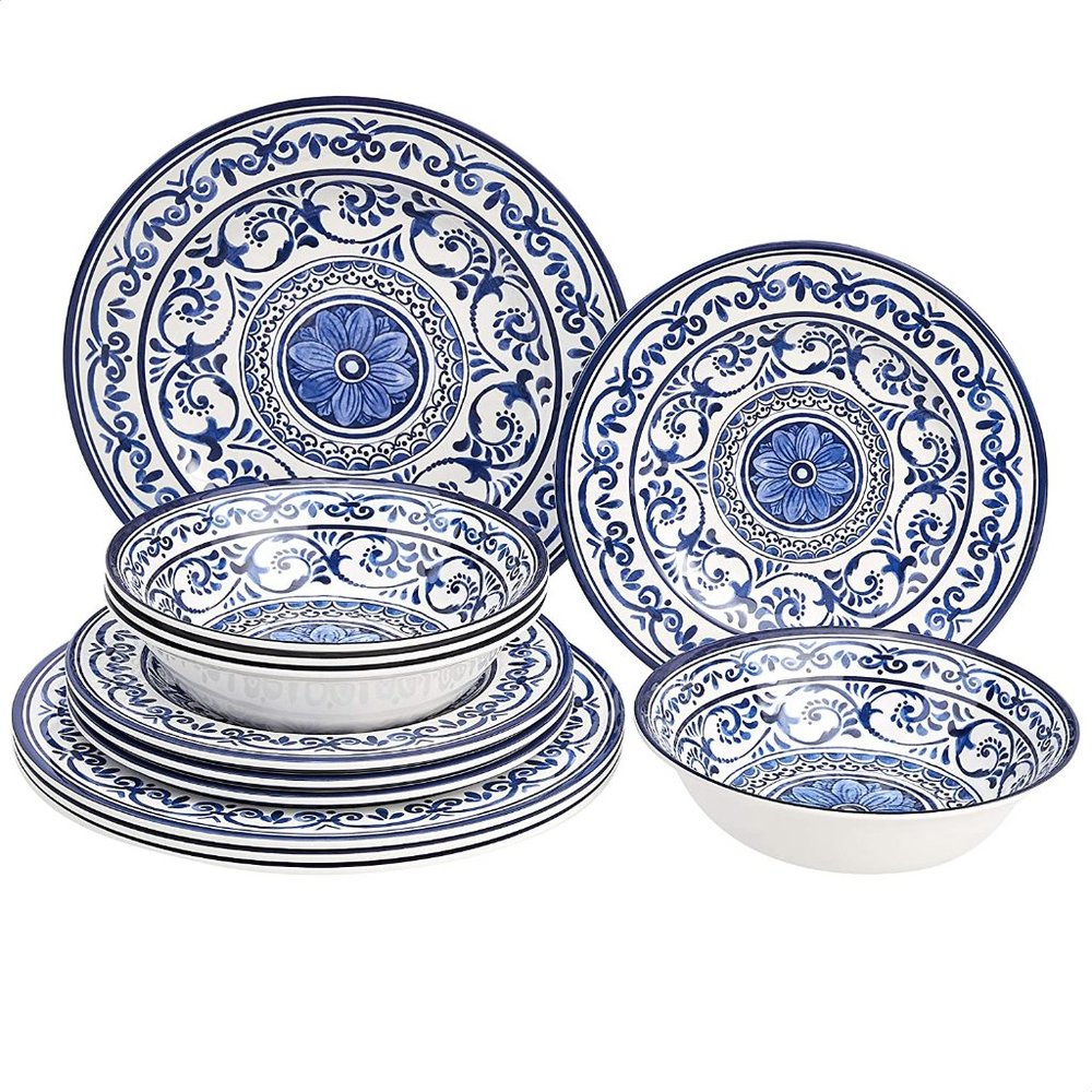 Amazon Basics Melamine Dinnerware Set, Service for 4, Traditional Blue and White